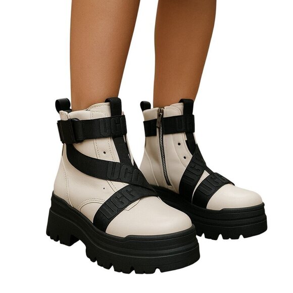 Ugg Sid Biker Ankle Boots 1116136 White Black Women's 5 Leather 36
